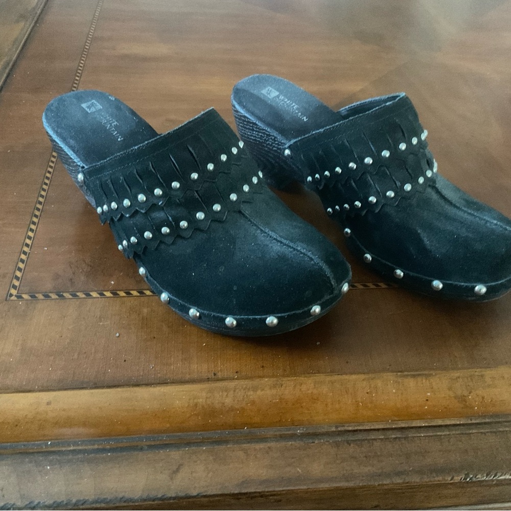 Studded Fringe Suede Clog Mules - Black